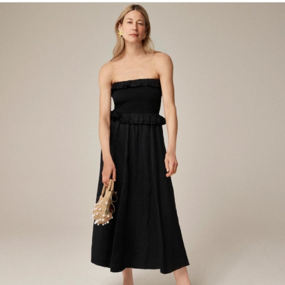 J.Crew Smocked Ramie Ruffle Ravenna Midi Dress Size XS NWT